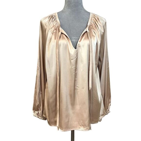Chic V-Neck Satin Boho Blouse L Khaki Hippie Brunch Spring Fall Trendy - Picture 4 of 9